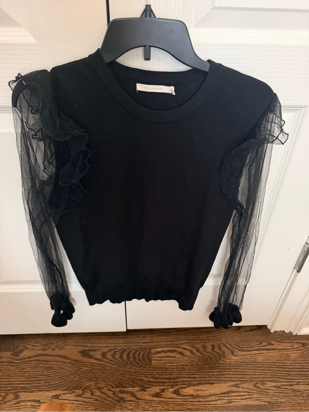 Ellison Black Knit Top with Sheer Ruffle Sleeves